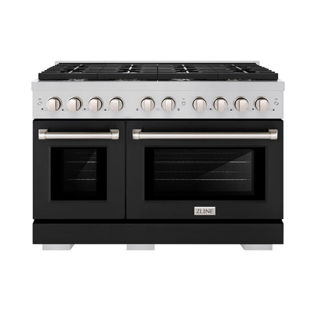 ZLINE 48 in. 6.7 cu. ft. Paramount Double Oven Dual Fuel Range with 8 Burner Gas Cooktop in Stainless Steel with Black Matte Doors (SDR-BLM-48)