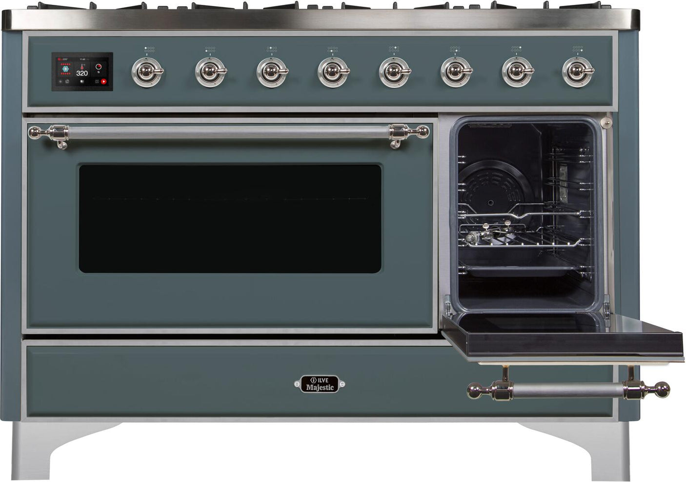 Majestic II 48 Inch Dual Fuel Natural Gas Freestanding Range in Blue Grey with Chrome Trim