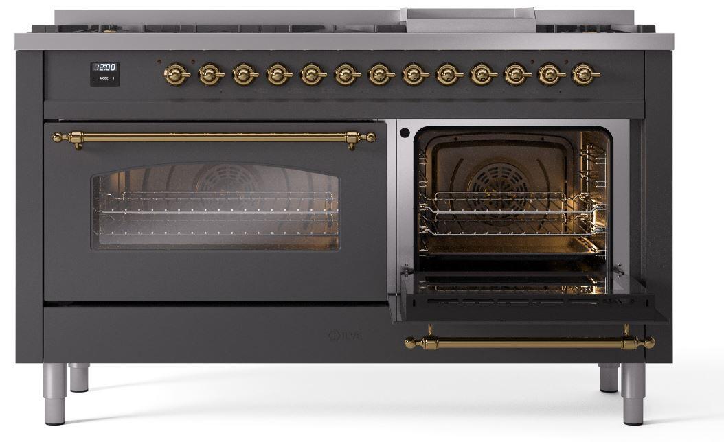 Nostalgie II 60 Inch Dual Fuel Natural Gas Freestanding Range in Matte Graphite with Brass Trim