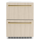 ZLINE Autograph Edition 24 in. Touchstone 168 Can Outdoor-Rated Dual Refrigerator Drawer with Panel-Ready Doors and Polished Gold Handles (RDSPOZ-24-G)