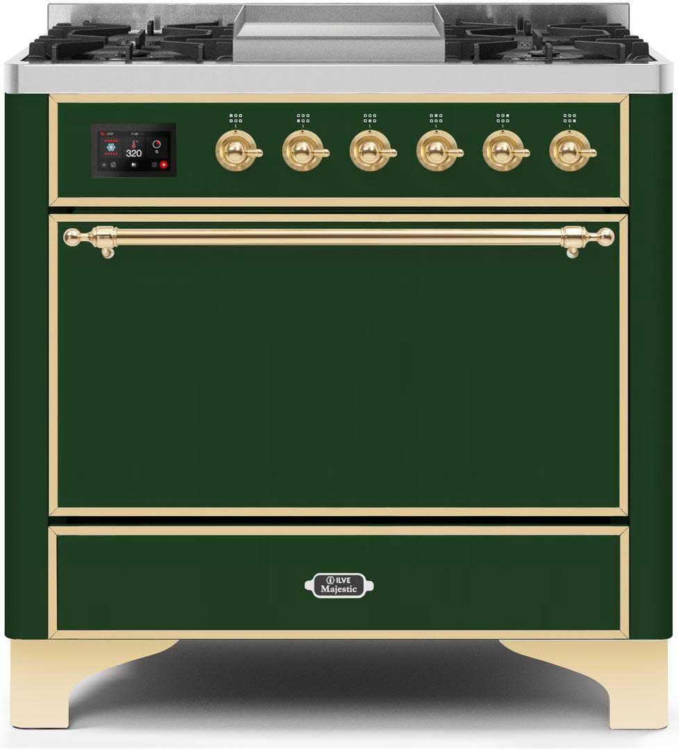 Majestic II 36 Inch Dual Fuel Liquid Propane Freestanding Range in Emerald Green with Brass Trim