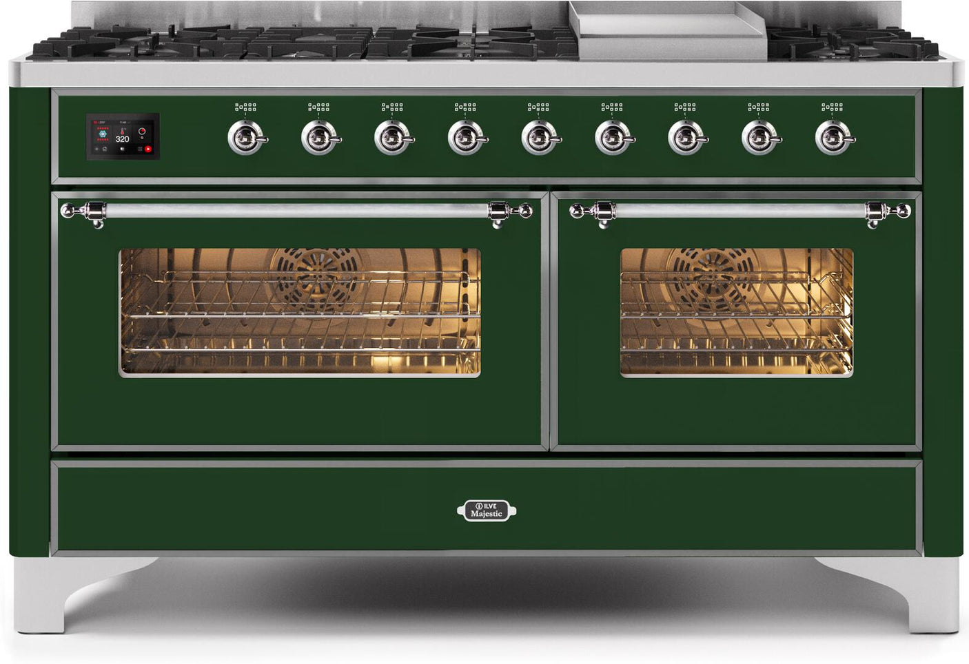 Majestic II 60 Inch Dual Fuel Natural Gas Freestanding Range in Emerald Green with Chrome Trim