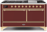 Majestic II 60 Inch Dual Fuel Natural Gas Freestanding Range in Burgundy with Brass Trim