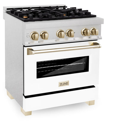 ZLINE Autograph Edition 30" 4.0 cu. ft. Dual Fuel Range with Gas Stove and Electric Oven in DuraSnow Stainless Steel with White Matte Door and Accents (RASZ-WM-30) [Color: Gold]