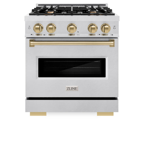 ZLINE Autograph Edition 30 in. 4.2 cu. ft. Classic Gas Range with 4 Burner Cooktop and Convection Gas Oven in DuraSnow' Stainless Steel and Champagne Bronze Accents (CGRSZ-30-CB)