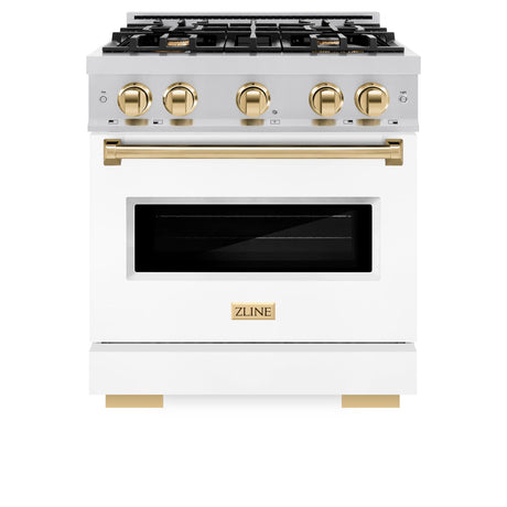 ZLINE Autograph Edition 30 in. 4.2 cu. ft. Classic Dual Fuel Range with 4 Burner Gas Cooktop and Electric Convection Oven in Stainless Steel with White Matte Door and Polished Gold Accents (CDRZ-WM-30-G)