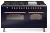 Nostalgie II 60 Inch Dual Fuel Natural Gas Freestanding Range in Blue with Copper Trim