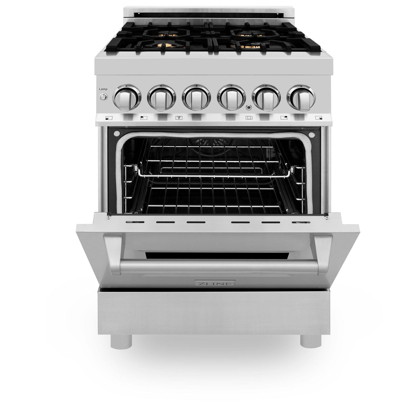 ZLINE 24 in. Professional Dual Fuel Range with Color Door Options (RA24) [Color: Stainless Steel with Brass Burners]