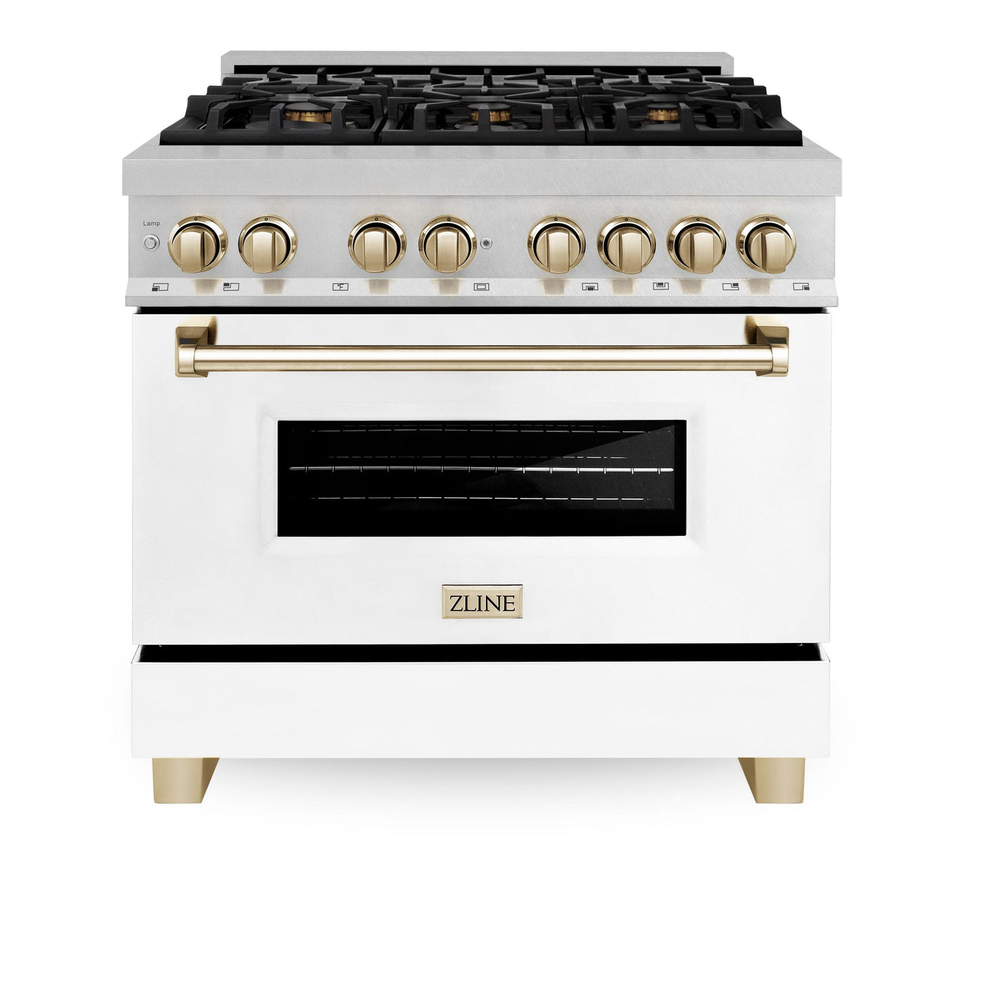 ZLINE Autograph Edition 36" 4.6 cu. ft. Dual Fuel Range with Gas Stove and Electric Oven in DuraSnow Stainless Steel with White Matte Door and Accents (RASZ-WM-36) [Color: Gold]