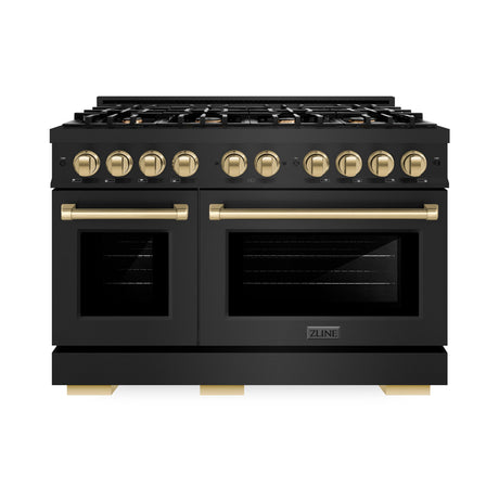 ZLINE Autograph Edition 48 in. 6.7 cu. ft. Select Double Oven Dual Fuel Range with 8 Burner Gas Cooktop in Black Stainless Steel and Champagne Bronze Accents (HDRBZ-48-CB)