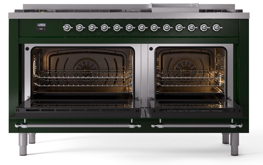 Nostalgie II 60 Inch Dual Fuel Natural Gas Freestanding Range in Emerald Green with Chrome Trim