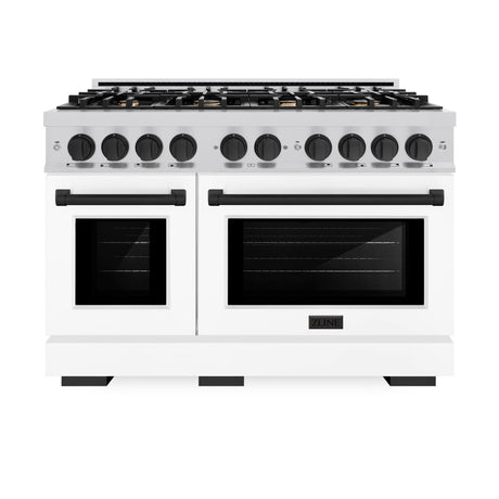 ZLINE Autograph Edition 48 in. 6.7 cu. ft. Select Double Oven Dual Fuel Range with 8 Burner Gas Cooktop in Stainless Steel with White Matte Door and Matte Black Accents (HDRZ-WM-48-MB)