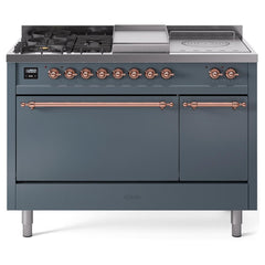 ILVE Nostalgie II 48 UP48FSQNMPBGP Freestanding Dual Fuel Range with 5 Sealed Burners Yes and French Top Double Oven with Solid Door in Blue Grey with Copper knobs