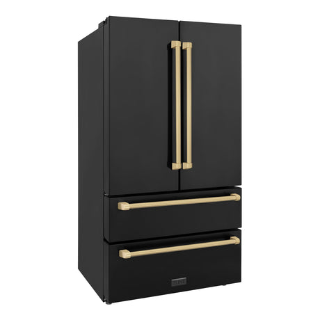 ZLINE 36" Autograph Edition 22.5 cu. ft Freestanding French Door Refrigerator with Ice Maker in Fingerprint Resistant Black Stainless Steel with Accents (RFMZ-36-BS) [Color: Champagne Bronze Accents]