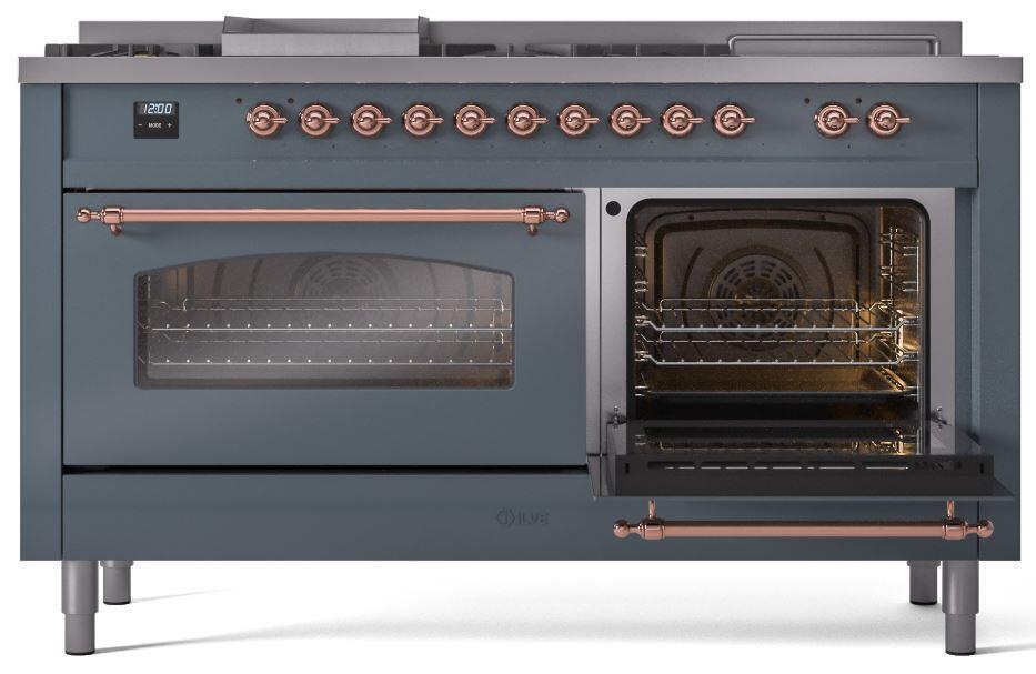 Nostalgie II 60 Inch Dual Fuel Natural Gas Freestanding Range in Blue Grey with Copper Trim