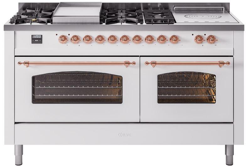 Nostalgie II 60 Inch Dual Fuel Liquid Propane Freestanding Range in White with Copper Trim