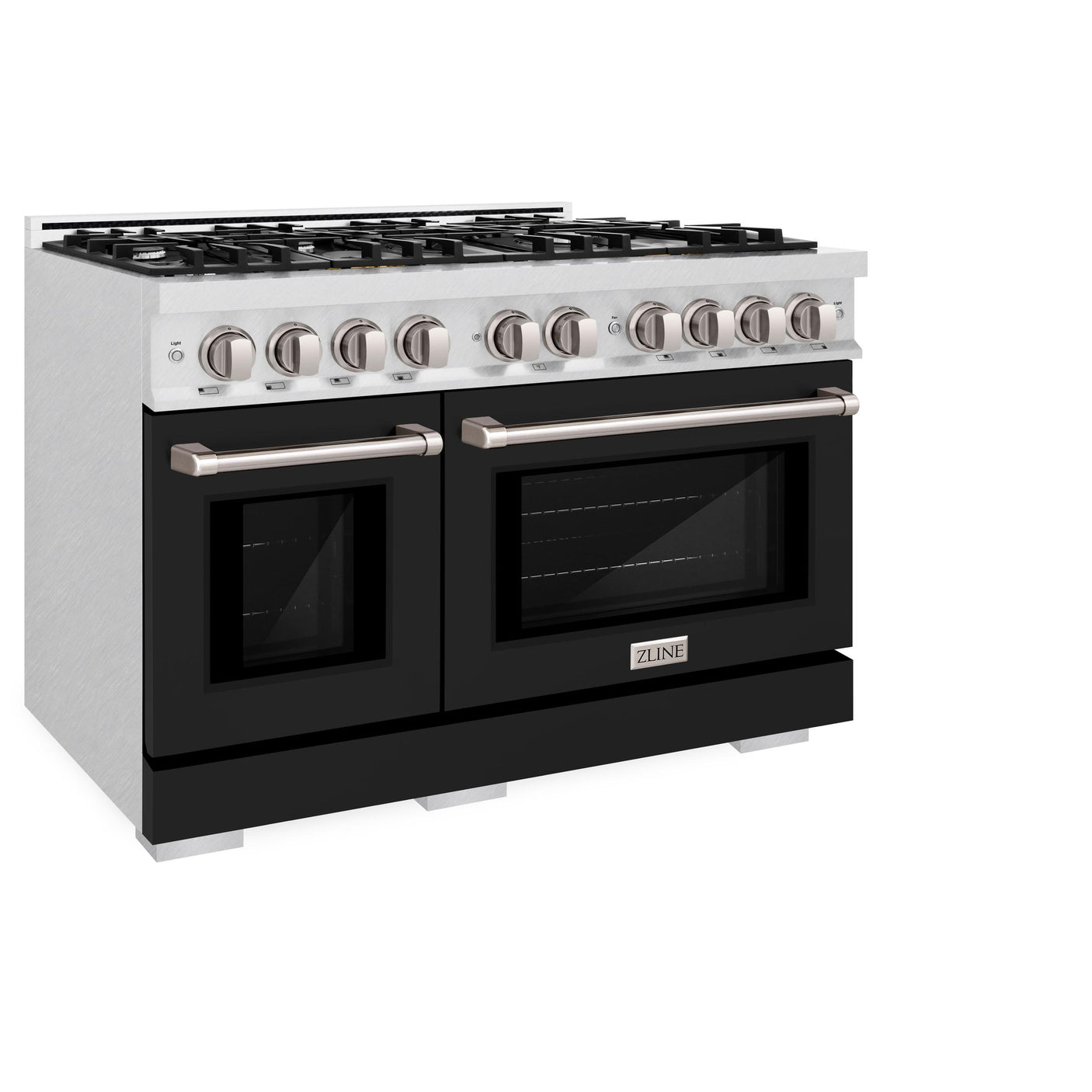 ZLINE 48 in. 6.7 cu. ft. Select Double Oven Gas Range with 8 Burner Cooktop in DuraSnow' Stainless Steel with Black Matte Doors (HGRS-BLM-48)