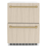 ZLINE Autograph Edition 24 in. Touchstone 168 Can Outdoor-Rated Dual Refrigerator Drawer with Panel-Ready Doors and Champagne Bronze Handles (RDSPOZ-24-CB)