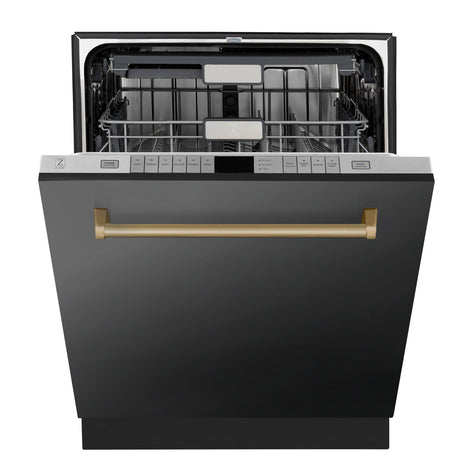 ZLINE Autograph Edition 24" 3rd Rack Top Touch Control Tall Tub Dishwasher in Black Stainless Steel with Accent Handle, 45dBa (DWMTZ-BS-24) [Color: Champagne Bronze]