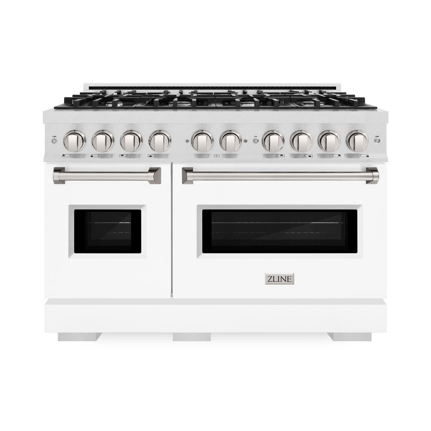 ZLINE 48 in. 6.7 cu. ft. Classic Double Oven Dual Fuel Range with 8 Burner Gas Cooktop in DuraSnow' Stainless Steel with White Matte Doors (CDRS-WM-48)