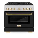 ZLINE Autograph Edition 36 in. 5.2 cu. ft. Paramount Dual Fuel Range with 6 Burner Gas Cooktop and Electric Convection Oven in DuraSnow' Stainless Steel with Black Matte Door and Polished Gold Accents (SDRSZ-BLM-36-G)