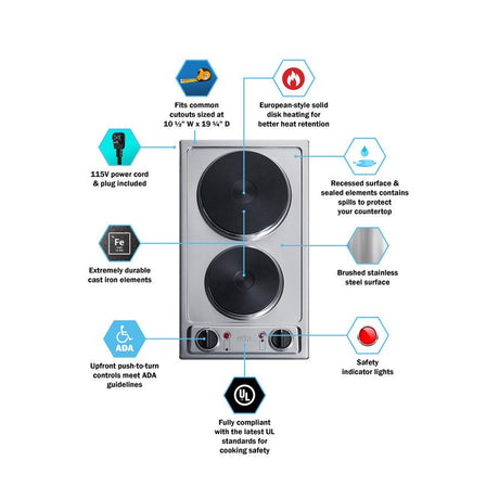 12" Wide 115v 2-burner Solid Disk Cooktop