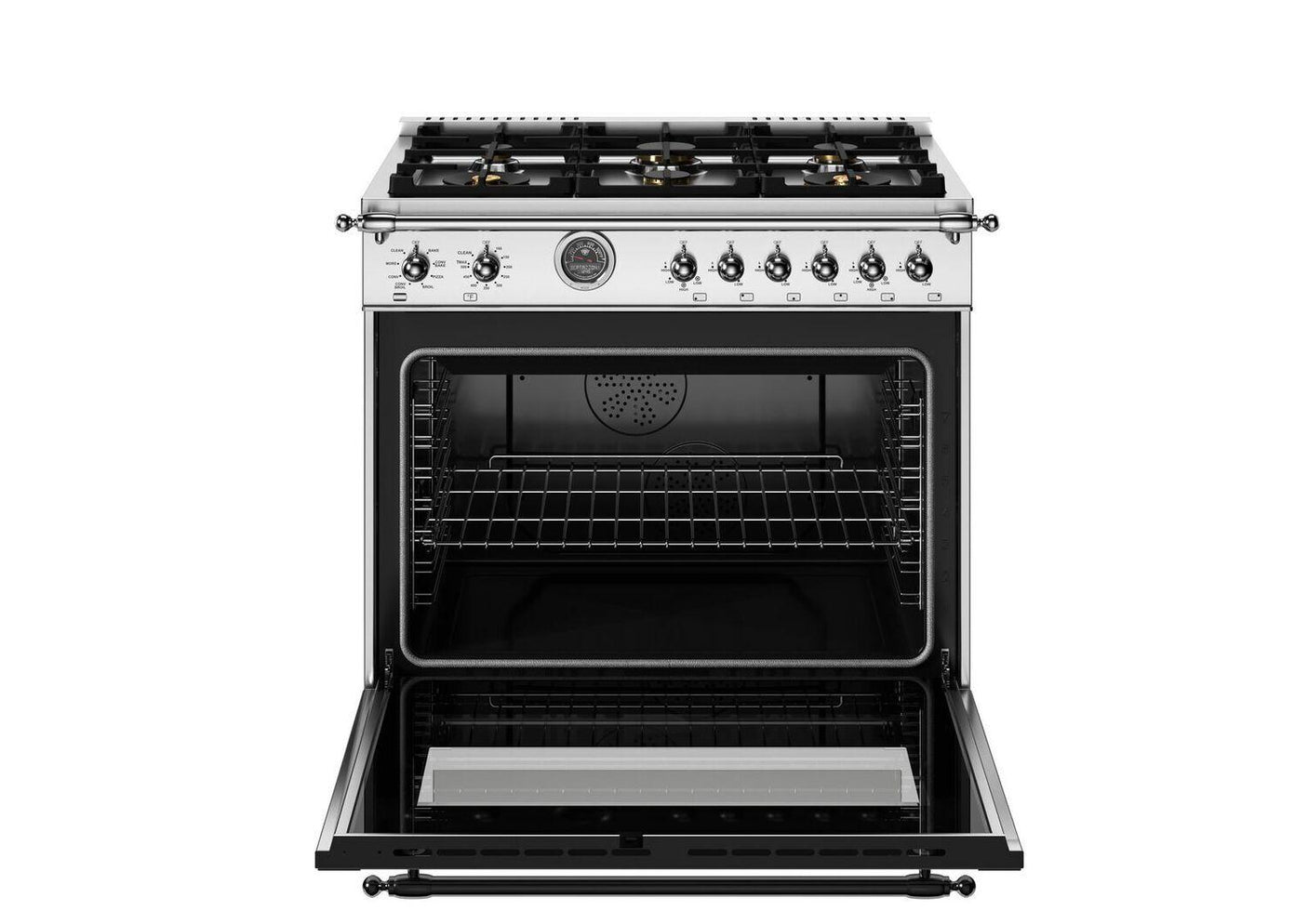 36 inch Dual Fuel Range, 6 Brass Burner and Cast Iron Griddle, Electric Self-Clean Oven Stainless Steel