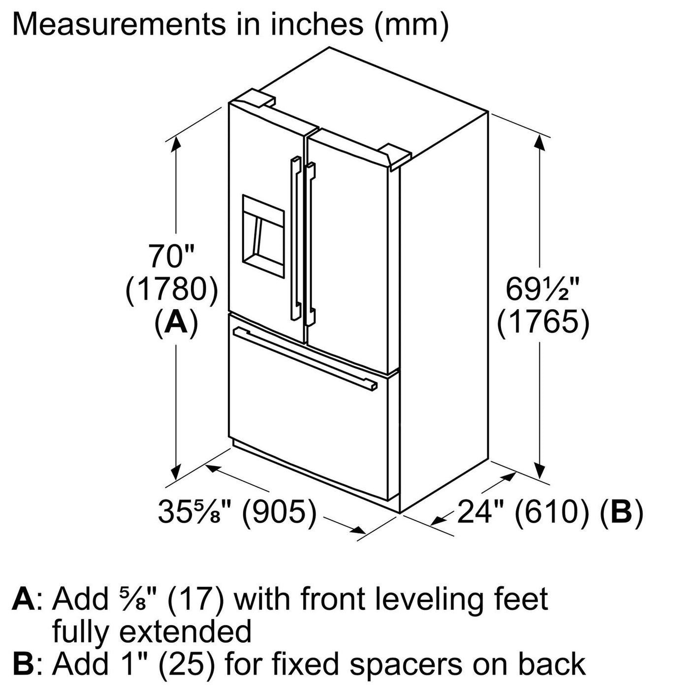 500 Series French Door Bottom Mount Refrigerator 36" Stainless steel (with anti-fingerprint)