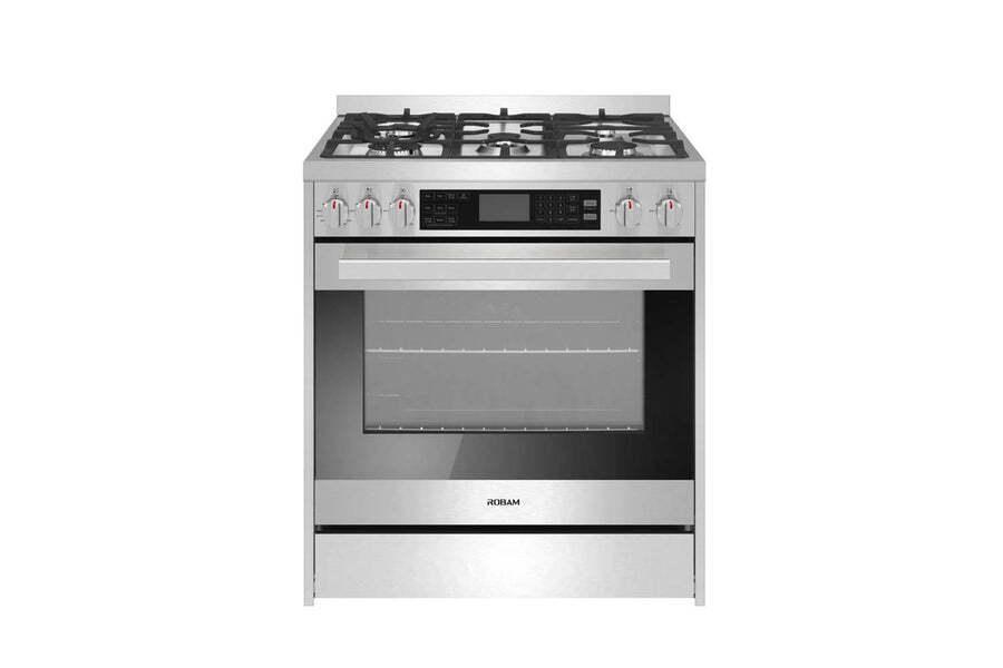 Robam G517K 30 Chef s Favorite Convection Freestanding Gas Range, 5 Sealed Brass Burners w/Cast Iron rates (Wok Grate Included), 5 Cu. Ft. Oven with Blue Interior, 6 Cooking Modes