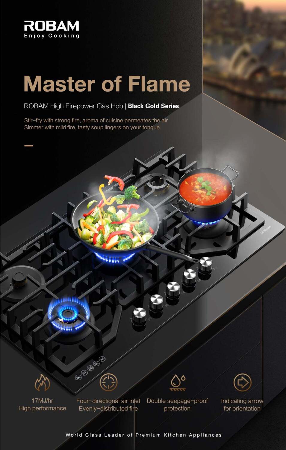 ROBAM Black Gold Series 36 in. 5-Burner 37,200 BTU Gas Cooktop with Brass Burners, Power Burner at 17,000 BTU, Waterproof from Water & Residues, Continuous Grates, Safety Flame Shutoff