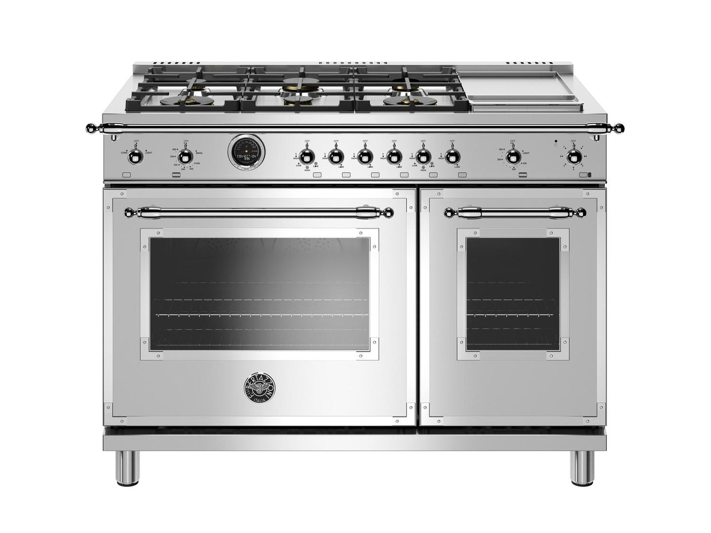 48 inch Dual Fuel Range, 6 Brass Burners and Griddle, Electric Self Clean Oven Stainless Steel