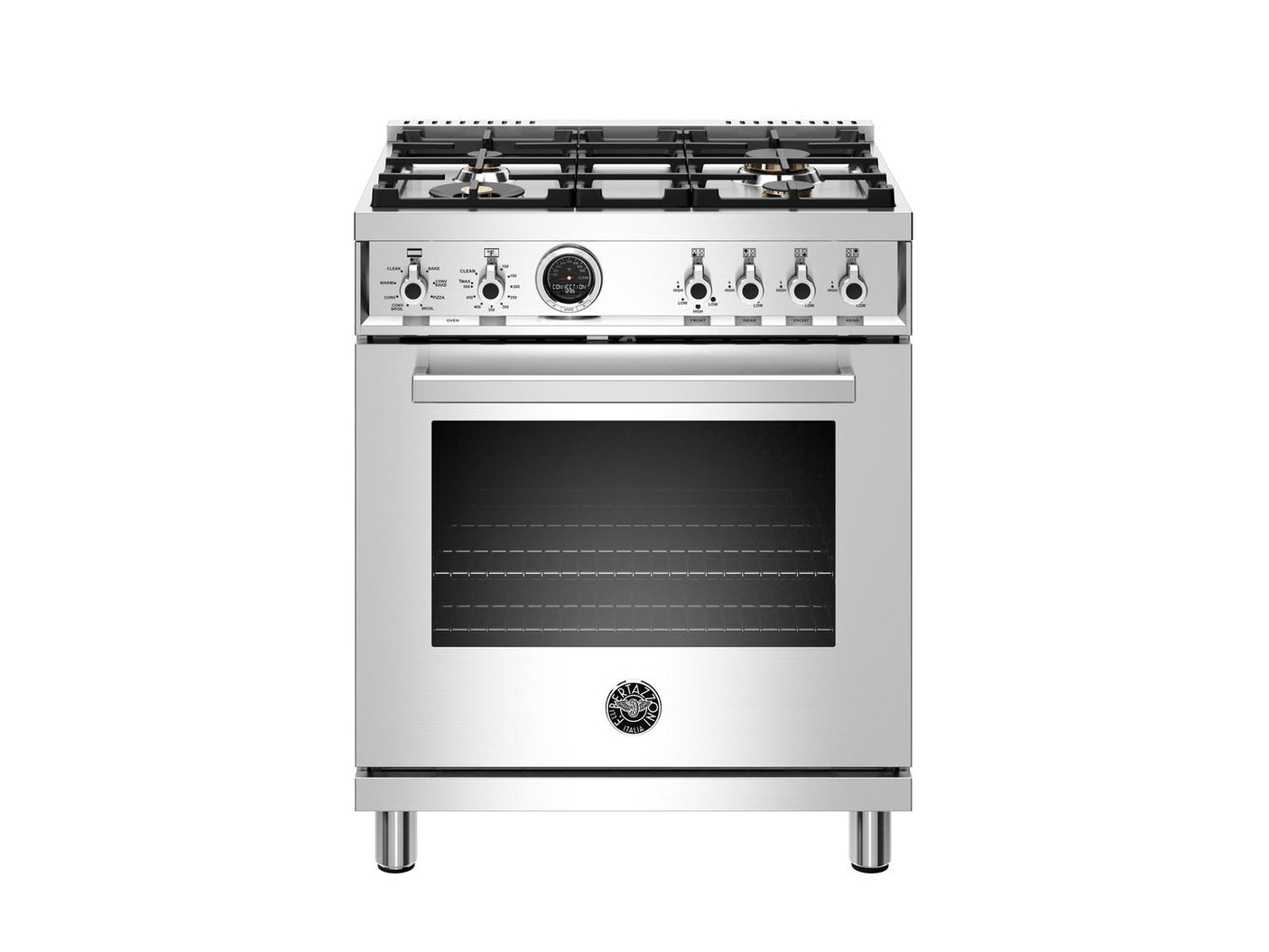 30 inch Dual Fuel Range, 4 Brass Burner, Electric Self-Clean Oven Stainless Steel