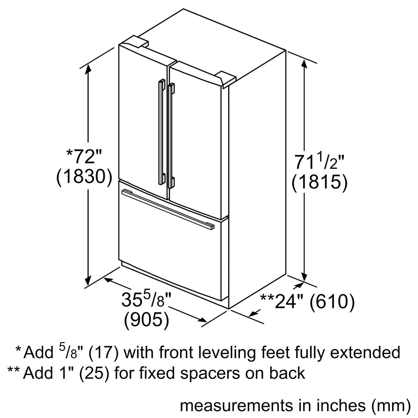 800 Series French Door Bottom Mount Refrigerator 36" Stainless steel (with anti-fingerprint)