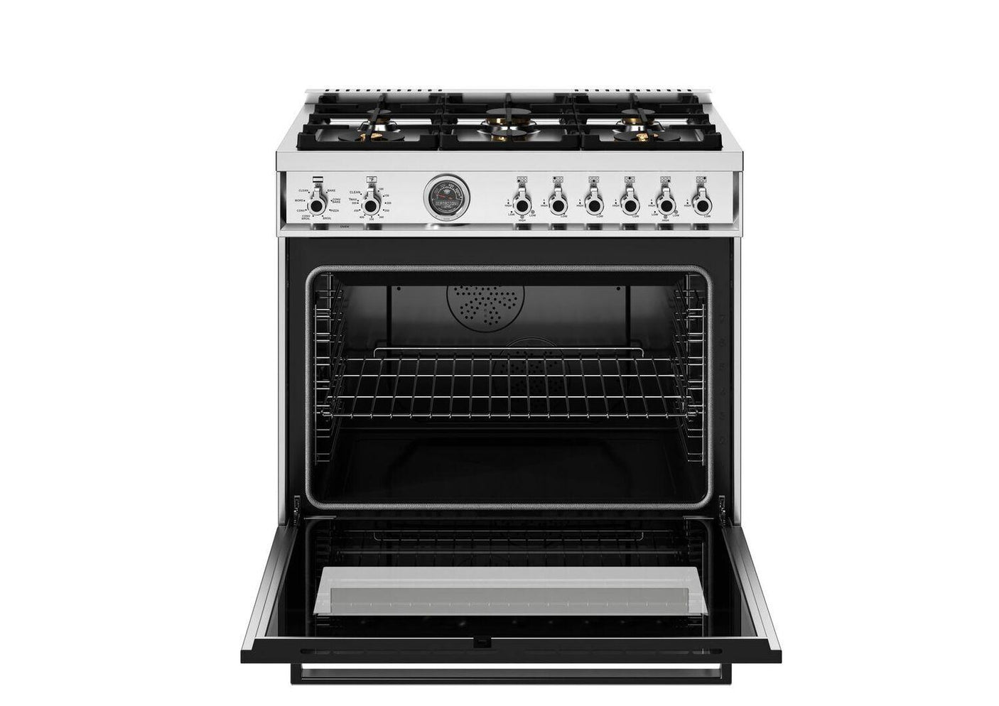 36 inch Dual Fuel Range, 6 Brass Burners and Cast Iron Griddle, Electric Self-Clean Oven Stainless Steel