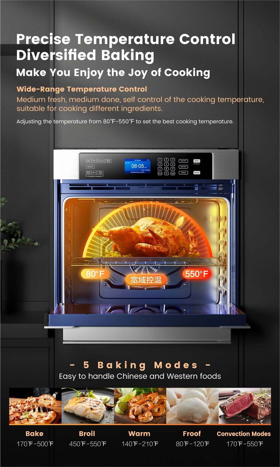 ROBAM 30-in Self-cleaning Air Fry Convection Single Electric Wall Oven (Stainless Steel)