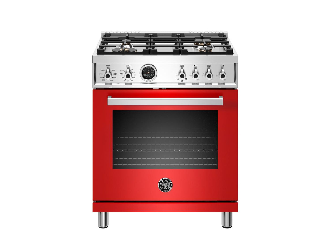 30 inch Dual Fuel Range, 4 Brass Burner, Electric Self-Clean Oven Rosso