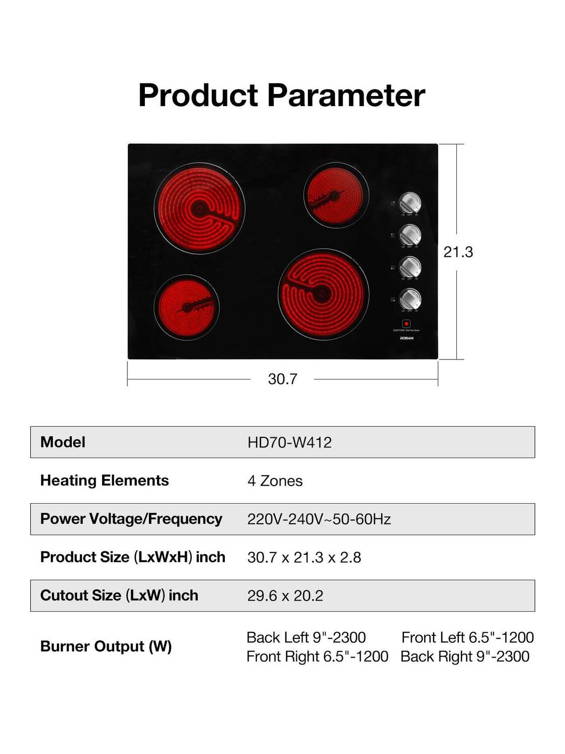 ROBAM 30 in. Radiant Electric Ceramic Glass Cooktop in Black with 4 Elements including 2 Power Boil Elements