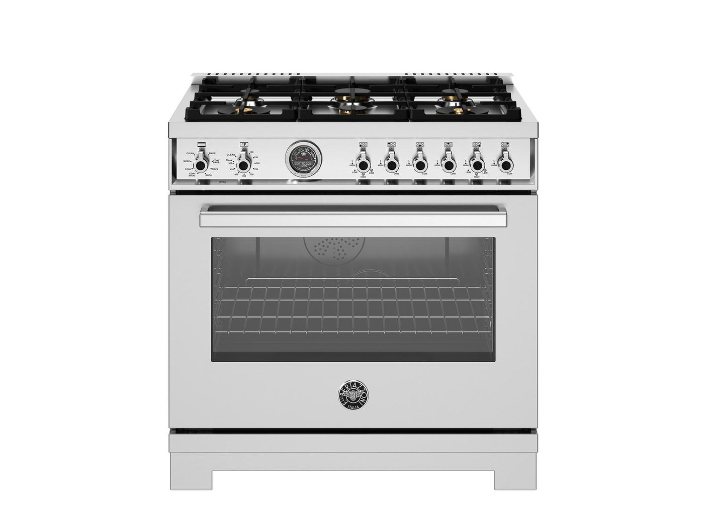 36 inch Dual Fuel Range, 6 Brass Burners and Cast Iron Griddle, Electric Self-Clean Oven Stainless Steel