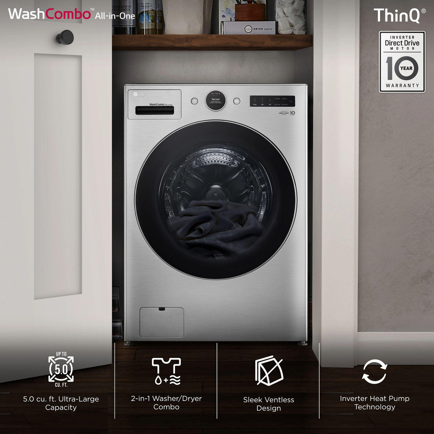 Ventless Washer/Dryer Combo LG WashCombo™ All-in-One 5.0 cu. ft. Mega Capacity with Inverter HeatPump™ Technology and Direct Drive Motor